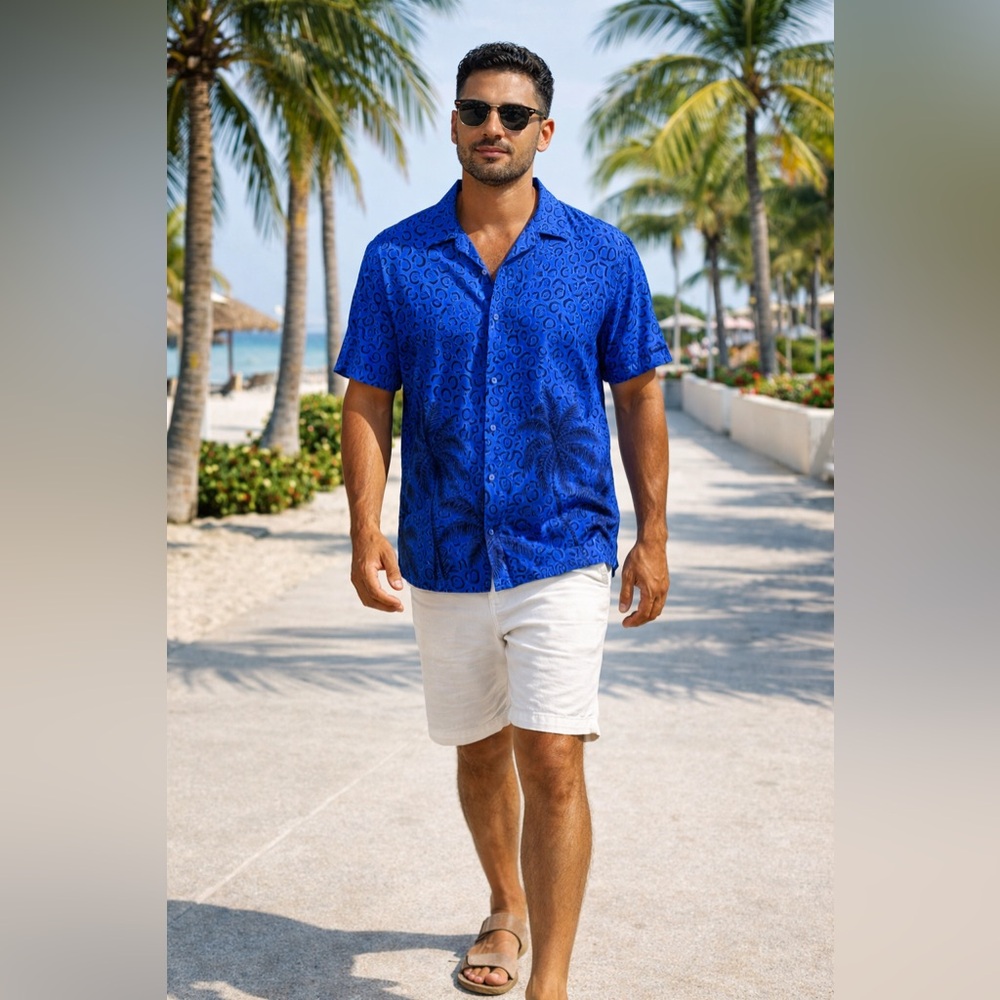 Cabali Hawaiian Shirt Blue Palm Tree Tropical Resort Button Front Mens L